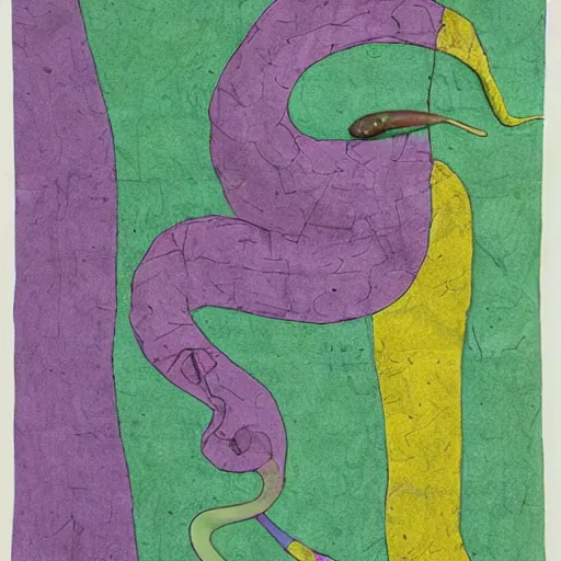 Image similar to A beautiful installation art of a snake eating its own tail that seems to go on forever. layered paper, olivine by Paul Klee vivid, beautiful