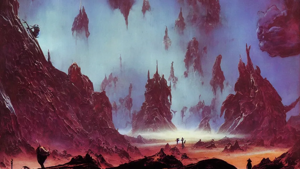 Image similar to surreal eerie alien planet empire by frank frazetta and bruce pennington, cinematic matte painting