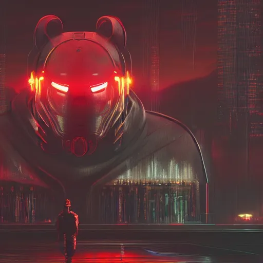 Prompt: matte painting of a fierce bear in modern helmet, red glowing eyes, huge mechanical creatures on the background, rainy night, neon glow concept art, smooth, sharp focus, illustration, cyberpunk 2077, neuromancer, scifi, photorealistic, octane render, 8k