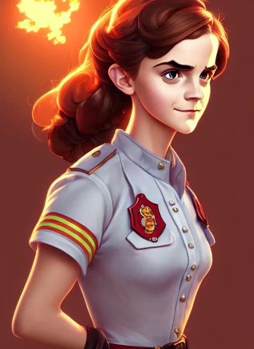 Prompt: cute colonel emma watson firefighter, natural lighting, path traced, highly detailed, high quality, digital painting, by don bluth and ross tran and studio ghibli and alphonse mucha, artgerm