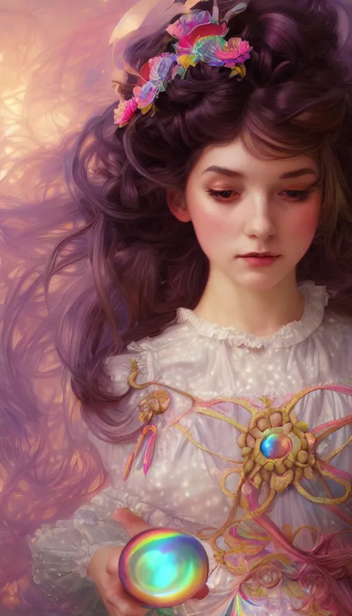 Prompt: portrait of magical lolita girl, dreamy and ethereal, rainbow eyes, peaceful expression, ornate frilly dress, fantasy, intricate, elegant, rainbow bubbles, highly detailed, digital painting, artstation, concept art, smooth, sharp focus, illustration, art by artgerm and greg rutkowski and alphonse mucha