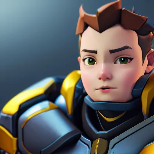 Image similar to a young boy with the appearance of reinhardt from overwatch, design, octane render, 4 k, ingame shot