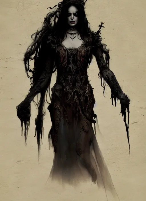 Prompt: hyper realistic photo of baroque dark goth queen ethereal ghost full body, rule of thirds, cinematic, greg rutkowski, brom, james gurney, mignola, craig mullins, artstation, cgsociety