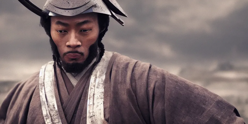 Image similar to a film still of a light skinned black man starring as an ancient samurai in a japanese blockbuster film, shallow depth of field, cinematic, award winning cgi, vfx, film still