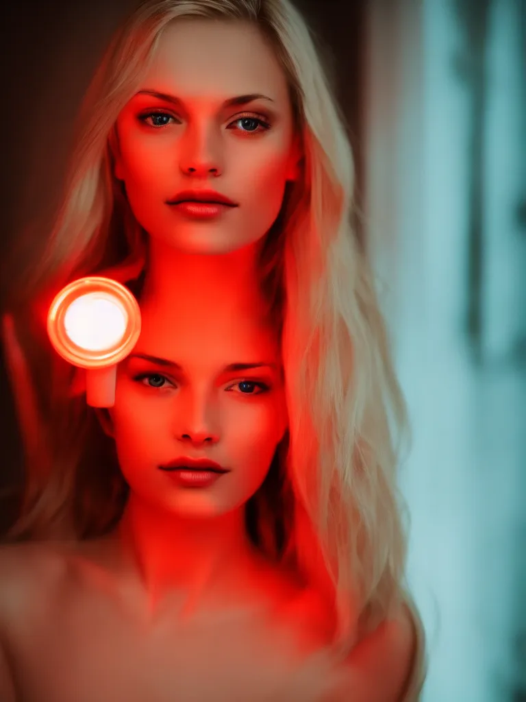 Prompt: photograph of a pretty blond woman illuminated with red light, soft light, night