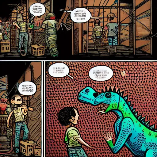 Image similar to intricate detailed comic style illustration of cyborg punk street kids with a pet dinosaur in a warehouse rave, no speech bubbles, dystopian, cyberpunk