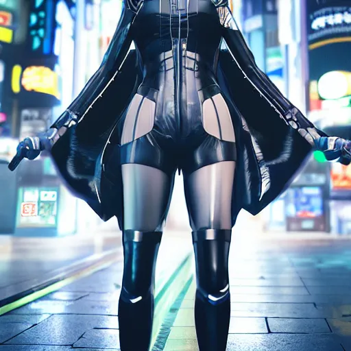 Image similar to An epic comic hyperrealistic illustration of a japanese cyber warrrior girl wearing futuristic wardrobe, black and silver, ultradetailed face expression trending on artbreeder, cyberpunk 2077 color, heavy rainning at tokyo street nightview, neon light, DAZ, 8k, unreal 5 engine render, cosplay, RPG portrait, photorealistic, hdri, dramatic lighting, rim lights,