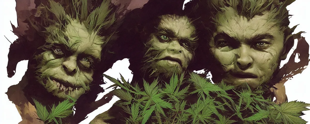 Prompt: duotone concept illustration 3 / 4 portrait of kid face consisting of marijuana, groot, cannabis!, cinematic volumentric lighting, jim cheung, david marquez, mike deodato jr, ilya kuvshinov, makoto shinka, behance hd by jesper ejsing, by rhads, hyper detailed, octane render, concept art, artstation