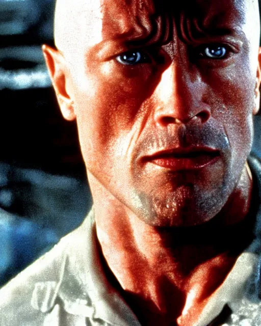 Image similar to Film still close-up shot of Dwayne Johnson as the T-1000 from the movie Terminator 2. Photographic, photography