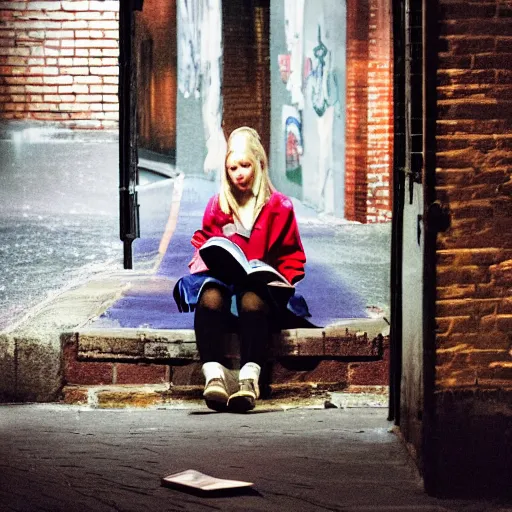 Prompt: luna lovegood reading a book in a dark alley, photo realistic, new york atmosphere, low light, buildings and bricks