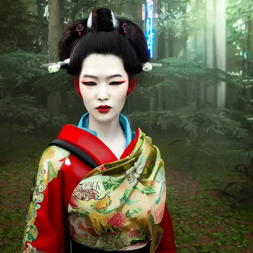 Prompt: cyberpunk geisha in japanese forest, epic, ultra detail, ultra realistic, photorealistic, 4k, god rays, highly detailed, full body, ornate, cinematic lighting, trending on artstation, hyperrealistic, focused, high details, unreal engine 5, cinematic