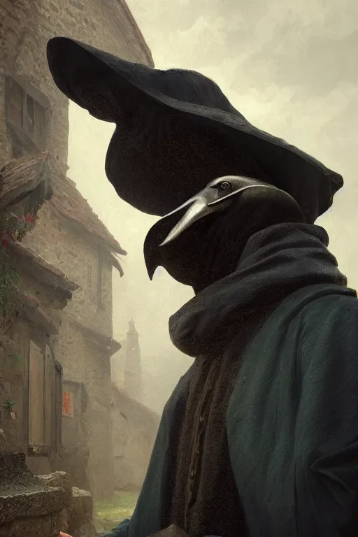 Image similar to A fancy portrait of a green medieval plague doctor wearing a beak mask in a medieval village by Greg Rutkowski, Sung Choi, Mitchell Mohrhauser, Maciej Kuciara, Johnson Ting, Maxim Verehin, 8k photorealistic, cinematic lighting, HD, high details, dramatic, dark atmosphere, trending on artstation