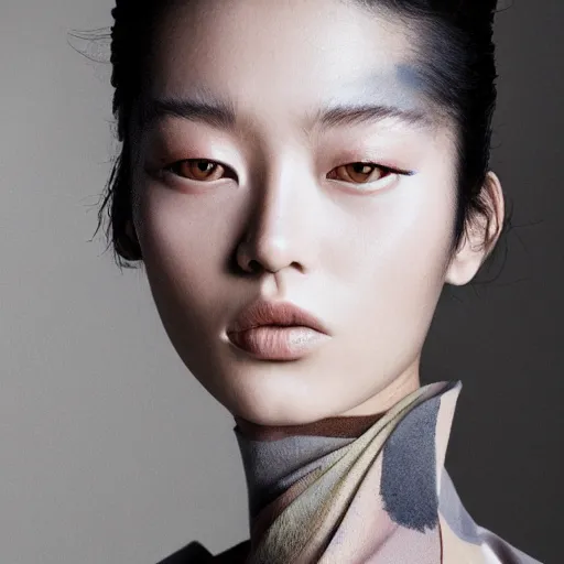 Prompt: a muted colors natural make-up portrait Photograph of a Japanese model, editorial story, Vogue France, editorial photographer by Peter Gehrke