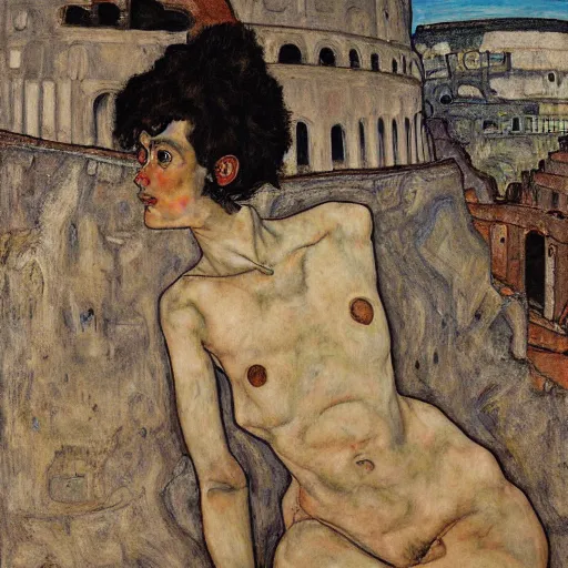 Image similar to a highly detailed painting by egon schiele of a young woman with black hair having an existential crisis on a terrace overlooking the colosseum, 4 k