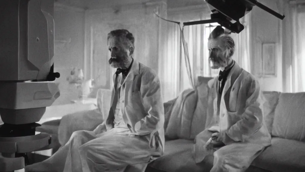 Image similar to an mri image of james cavell in the living room, film still from the movie directed by denis villeneuve with art direction by salvador dali, wide lens