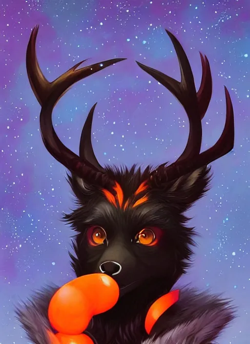 Image similar to award winning beautiful portrait commission of a male furry anthro Black Reindeer fursona with a tail, wings and a cute beautiful attractive detailed furry face wearing stylish black and orange galaxy clothes in a outerspace city at night while it rains. Character design by charlie bowater, ross tran, artgerm, and makoto shinkai, detailed, inked, western comic book art