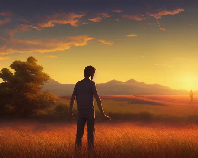 Image similar to a painting of a man standing in a field at sunset, a detailed matte painting by makoto shinkai, cgsociety, neo - primitivism, anamorphic lens flare, matte painting, global illumination