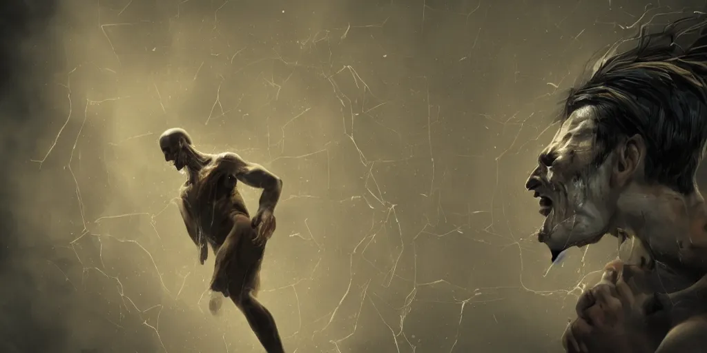 Image similar to a man falling through ears and sound waves, creepy and abstract, crack down the middle featured on artstation, cgsociety, Behance hd