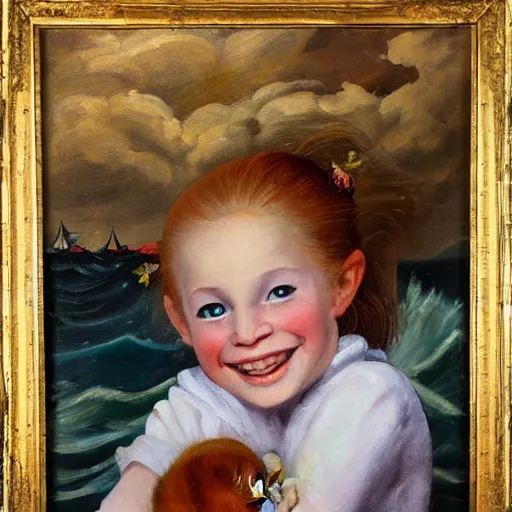 Prompt: oil painting of a young freckled redhead pigtailed girl smiling and holding a scared kitten in a boat, in rough seas with large waves, dark clouds and lightning, depicted for a children\'s book, in the style of frank frazetta and vermeer