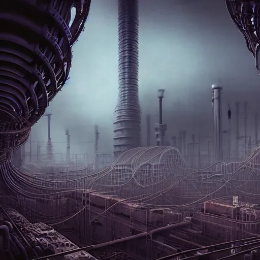 Image similar to futuristic dystopian endless, intricate, complex, labyrinthine, byzantine, tangled, industrial megafactory complex, smokestacks, pipelines and ducts and vents, matte painting, steampunk, smoke, night, gloomy, dark, dramatic, cinematic, volumetric lighting, gods eye view