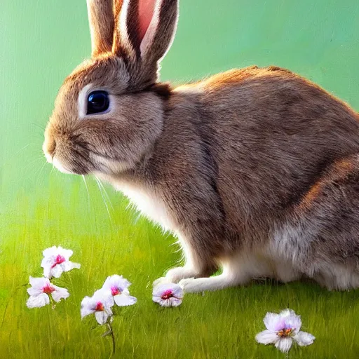 Image similar to The rabbit made out of metals in the picture looks cute and playful. It has big, fluffy ears and a long, furry tail. Its fur is a light brown color, and its eyes are a bright blue. The background of the picture is a gentle green, and there are flowers blooming around the rabbit. painted by Balaskas Christopher.