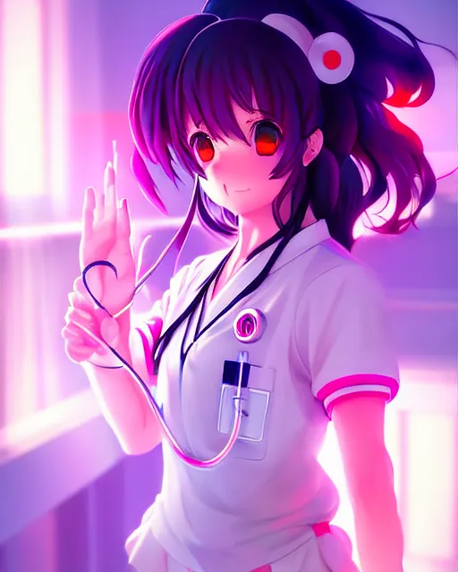 Image similar to anime style, vivid, expressive, full body, 4 k, painting, a cute magical girl with a long wavy hair wearing a nurse outfit, correct proportions, stunning, realistic light and shadow effects, neon lights, studio ghibly makoto shinkai yuji yamaguchi