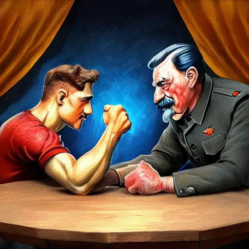 Image similar to picture of ( ( arm wrestling between young vladimit putin and old iosif stalin ) ) in apocalyptic russia, hyperrealistic, digital concept art,, caricature illustration, art by gaston bussiere