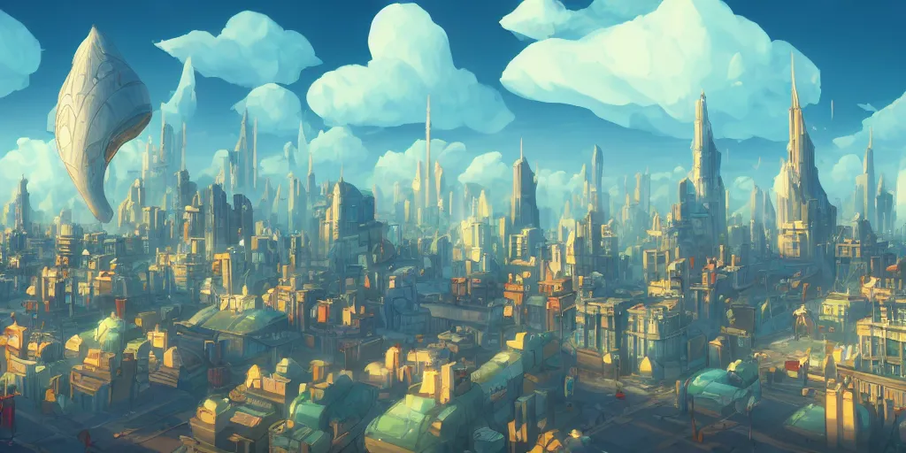 Image similar to a city in the style of piltover from arcane, tall towers, utopia, white blimps in the sky, blue skies, soft clouds, trending on artstation