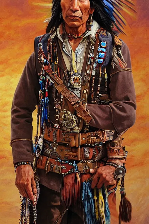 Prompt: thin native American Indian man in his early 30s, wearing traditional cargo buckskin jacket buckskin tactical toolbelt pockets bandolier full of trinket and baubles, steampunk arcane shaman, deadlands, weird west, by Steve Henderson, Sandra Chevrier, Alex Horley