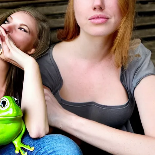 Prompt: a beautiful buxom woman kissing a frog prince, he is sitting in the palm of her hand, she is leaning over, her skin has a glow to it, she also has strawberry blonde hair, refined spontaneity, high - res