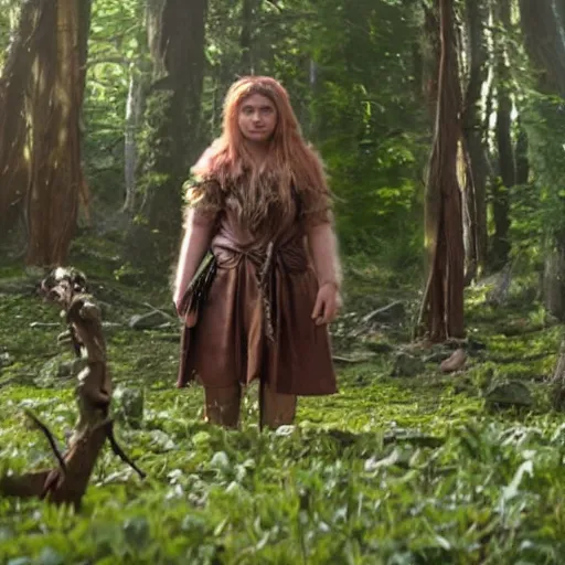 Image similar to deep gnome druid with leather clothing and leaves and sticks in her hair, photo from the movie midsommar