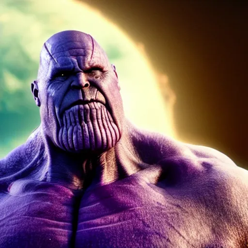 Prompt: thanos but he us as large and round as the planet earth, movie still, cgi render