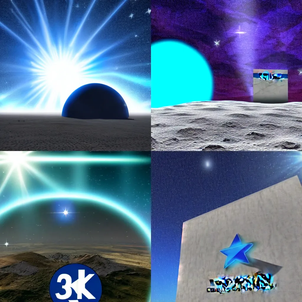 Image similar to Blue Text that says 3kliksphilp, with a picture of a concrete building in a martin crater, with a star in the sky with creating lens flare, CGI