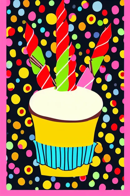 Prompt: a cupcake with a lit birthday candle, pop art, high quality