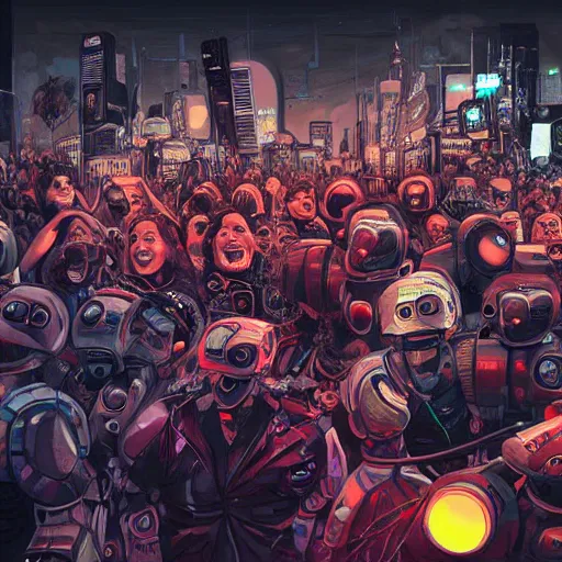 Image similar to a moshpit full of cyberpunk robots