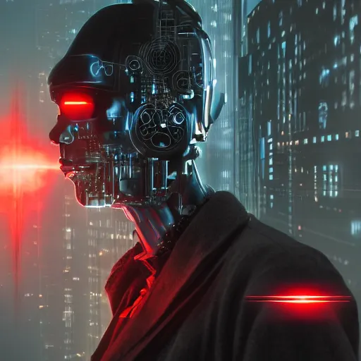 Image similar to a cyborg, cyberpunk, surrounded by smoke, award-winning art, black on red, hyperrealistic, by Sam Spratt, by Vlad Rodrig﻿u﻿e﻿z, computer screens in the background, trending on Artstation, dark, dramatic, cinematic, realistic studio lighting, realistic reflections, realistic light refractions, raytracing, 4k, professional, canon