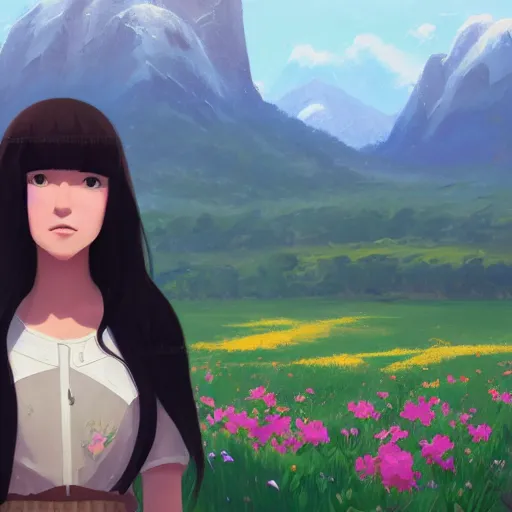 Image similar to portrait of teen girl with long black hair and bangs, detailed facial features, beautiful face, flower fields and mountains in the background, digital painting, artstation, highly detailed, by makoto shinkai and thomas kindle and James gilleard