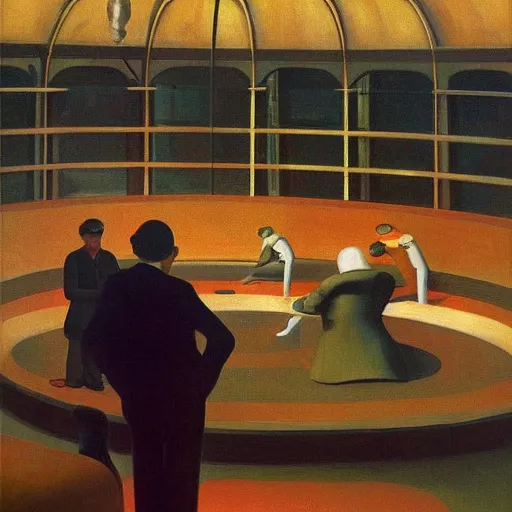 Prompt: scientists inspecting a giant creature in a dome - shaped control center, grant wood, pj crook, edward hopper, oil on canvas