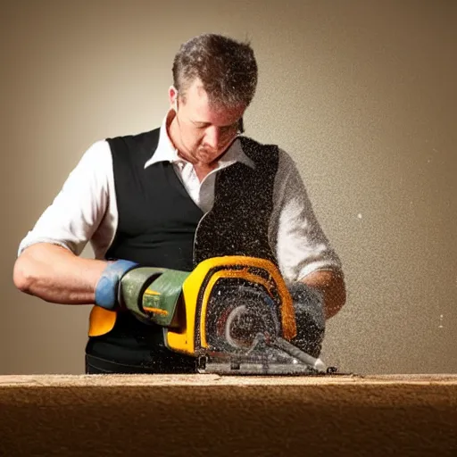 Image similar to man with chainsaw cutting a book in half, dust flying