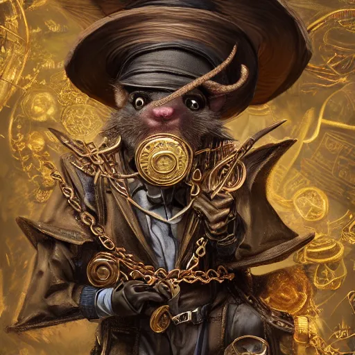 Prompt: anthropomorphized rat thief stealing gold coins from a shop, wearing fancy hat and clothes, concept art, insanely detailed and intricate, hypermaximalist, elegant, ornate, hyper realistic, super detailed, art deco, cinematic, trending on artstation, magic the gathering artwork