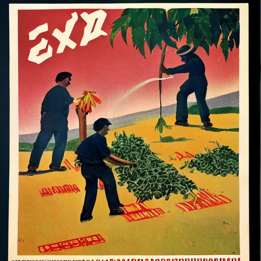 Image similar to a soviet propaganda poster of people harvesting cannabis plants