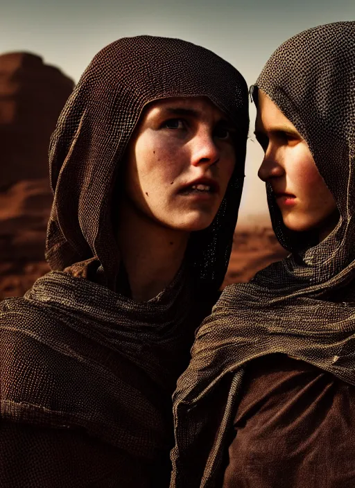 Image similar to cinestill 5 0 d photographic portrait by steve mccurry of two loving female androids wearing rugged black mesh techwear on a desolate plain of existence, extreme closeup, cyberpunk style, dust storm, 8 k, hd, high resolution, 3 5 mm, f / 3 2, ultra realistic faces, ex machina