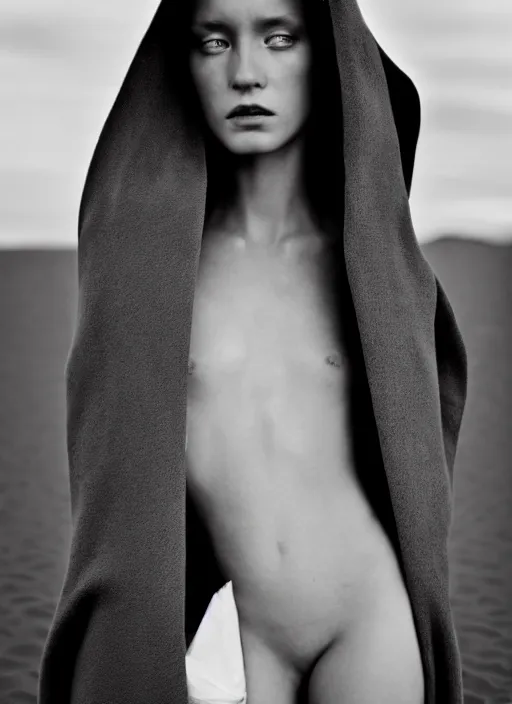 Prompt: a film still of a gorgeous girl in cloak designed byyohji yamamoto and rick owens, in vogue and gq editorial fashion photography, medium close - up, cannon ef 6 5 mm f / 2. 8 in dune