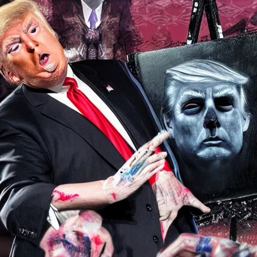 Image similar to hyperrealistic!! Donald Trump corpse painting black metal live at X-Factor, High resolution, 8K