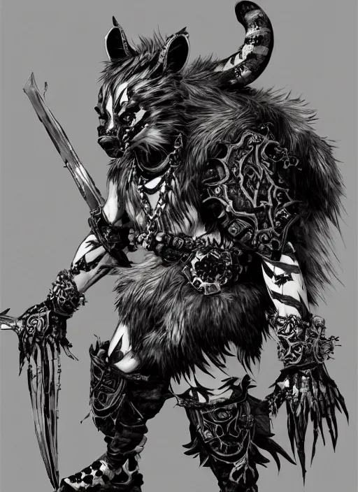 Image similar to Full body portrait of a scarred gnoll with white fur in ornate ninja garb. In style of Yoji Shinkawa and Hyung-tae Kim, trending on ArtStation, dark fantasy, great composition, concept art, highly detailed, dynamic pose.