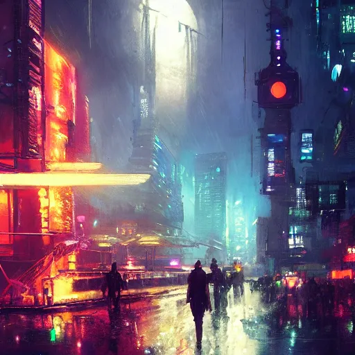 Image similar to a rundown futuristic city scene at night with neon lights and the moon high in the sky and raining, sci fi splash art by craig mullins, greg rutkowski