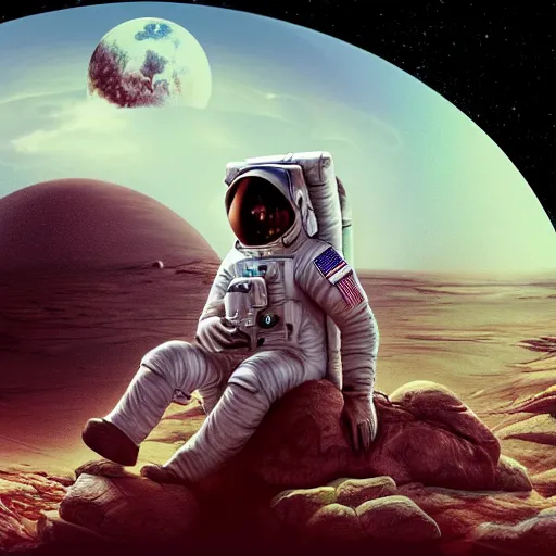 Premium Photo  A spaceman sits on a rock with a planet in the background.