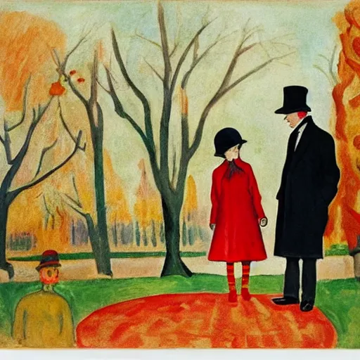 Prompt: A thin man in a black coat and bowler hat talks with small girl who is dressed in a red coat and a red hat, park, autumn, 1923, in the style of Oskar Kokoschka, wide angle, high detail, width 768