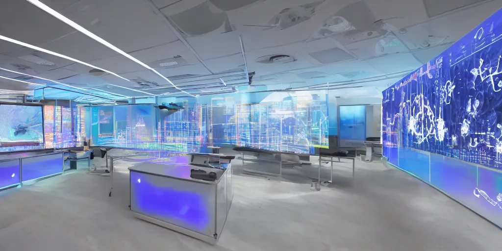 Image similar to science lab illuminated by holographic screens showing scientific images, control panels, reflections, descent high quality octane rendering, 8K