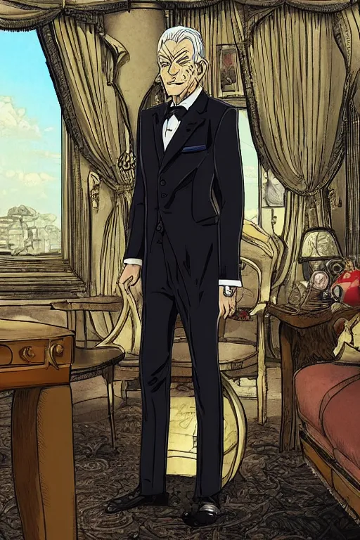 Prompt: a very wealthy old man in an expensive tailored suit representing the embodiment of greed, seven deadly sins